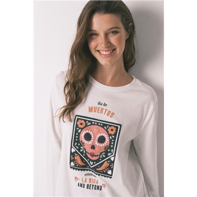 Pijama largo 100% algodón "Día de muertos" marfil