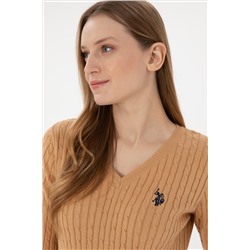 Kadın Camel V Yaka Basic Kazak