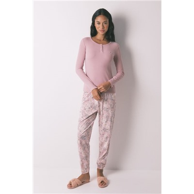 Pijama largo algodón estampado floral rosa