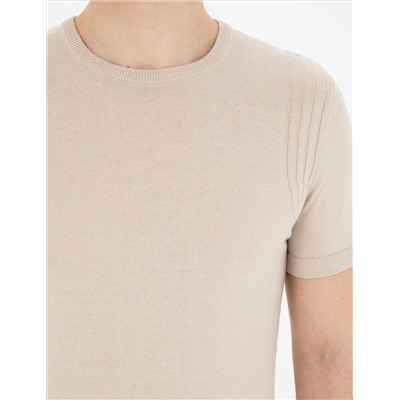 Bej Slim Fit Bisiklet Yaka Triko Tişört
