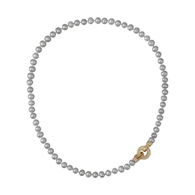 Колье (жемчуг серо-голубой 7-8мм, фианит; покрытие золото) 50см, Есть комплект