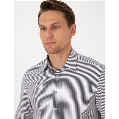 Siyah Slim Fit Çizgili Uzun Kollu Gömlek