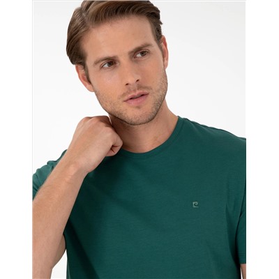 Koyu Yeşil %100 Pamuk Slim Fit Bisiklet Yaka Basic Tişört