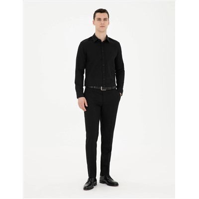Siyah Slim Fit Armürlü Uzun Kollu Gömlek