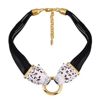 Колье Леопард (эмаль матовая белая, кристаллы SW черные; покрытие золото), Есть комплект