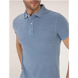 Koyu Mavi Slim Fit Eskitme Polo Yaka Tişört