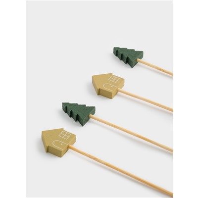 Шпажка для канапе, 9 см, 20 шт, бамбук, зеленая/золотистая, Елка и дом, New year