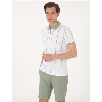Çağla Yeşili Çizgi Detaylı Slim Fit Polo Yaka Tişört