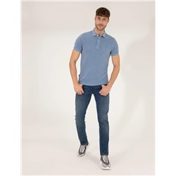 Koyu Mavi Slim Fit Eskitme Polo Yaka Tişört