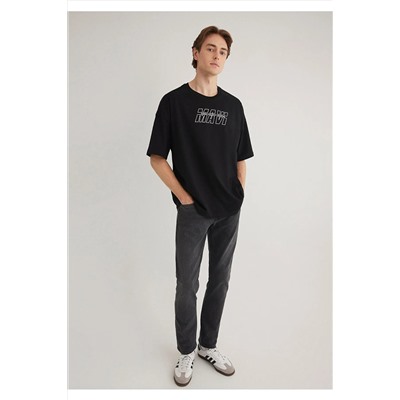 Mavi Baskılı Siyah Tişört Oversize / Geniş Kesim 0611827-900