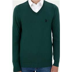 Erkek Slim Fit V Yaka Koyu Yeşil Basic Kazak