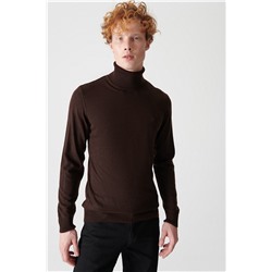 Kahverengi Tam Balıkçı Yaka Tüylenmeyen Triko Kazak