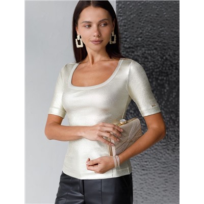 Футболка облегающая из хлопка в рубчик с U вырезом и матовым покрытием металлик