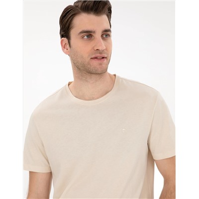 Bej %100 Pamuk Slim Fit Bisiklet Yaka Basic Tişört