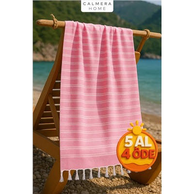 Calmera Linea Peştemal | İnce - Doğal Saçaklı | Plaj, Deniz, Havuz, Yoga, Spor, Seyahat Havlusu - Pembe