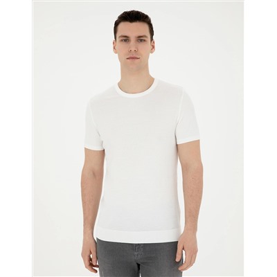 Beyaz Slim Fit Bisiklet Yaka Triko Tişört