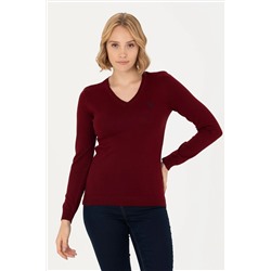 Kadın Bordo V - Yaka Basic Kazak
