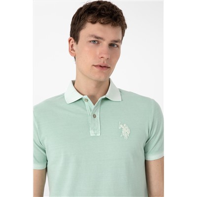 Erkek Slim Fit Polo Yaka Su Yeşili Yıkamalı Basic Tişört