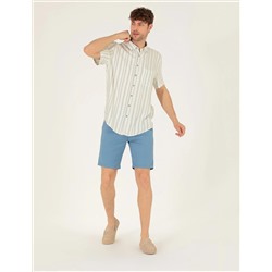 Koyu Mavi Slim Fit Keten Karışımlı Beli Lastikli Bermuda Şort