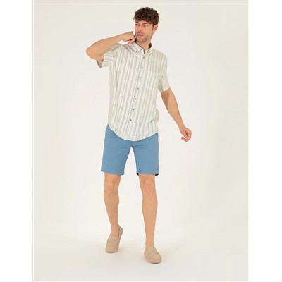 Koyu Mavi Slim Fit Keten Karışımlı Beli Lastikli Bermuda Şort