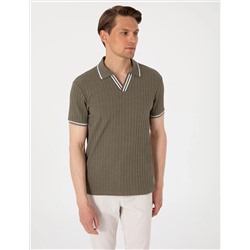 Haki Slim Fit Örme Dokulu Polo Yaka Tişört
