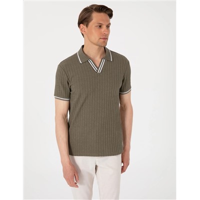 Haki Slim Fit Örme Dokulu Polo Yaka Tişört