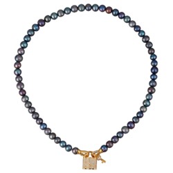 Колье (жемчуг сине- фиолетовый 8мм, белый фианит; золото) 45см, Есть комплект