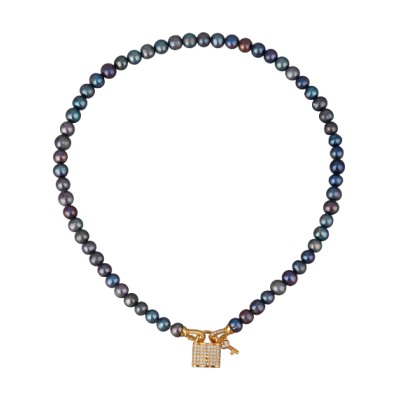 Колье (жемчуг сине- фиолетовый 8мм, белый фианит; золото) 45см, Есть комплект