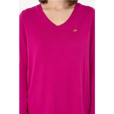 Kadın Fuşya V Yaka Sweatshirt