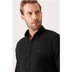 Siyah %100 Pamuk İnce Yumuşak Tuşe Düğmeli Yaka Uzun Kollu Regular Fit Standart Kesim Gömlek
