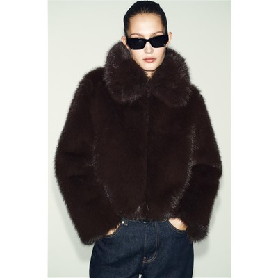 SHORT FAUX FUR COAT WITH LAPEL COLLAR
