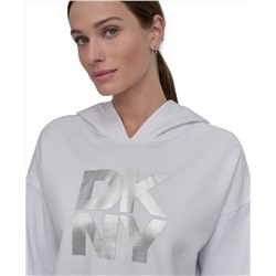 DKNY Women's Active Stacked Metallic-Logo Hooded Top
