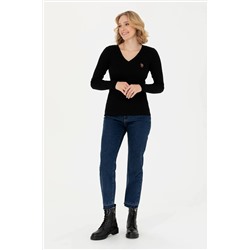 Kadın Siyah V - Yaka Basic Kazak