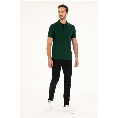 Erkek Slim Fit Polo Yaka Koyu Yeşil Basic Tişört