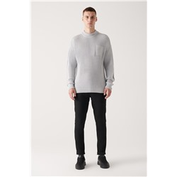 Gri Yarım Balıkçı Yaka Cep Detaylı Pamuklu Salaş Triko Kazak