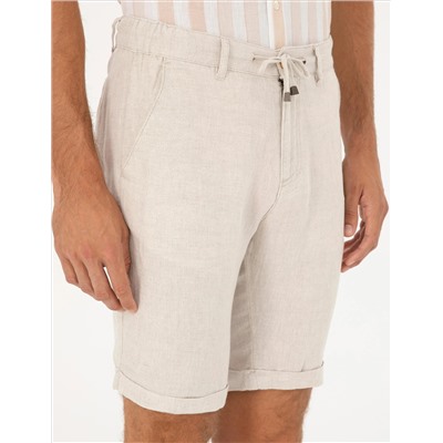 Bej Slim Fit Keten Karışımlı Dokuma Şort
