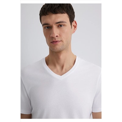 Mavi Beyaz Basic V Yaka Tişört Slim Fit / Dar Kesim 065586-620