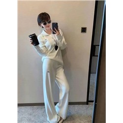 вязаный костюм Alo, пуловер с длинными рукавами и отворотом с логотипом на груди + широкие брюки с высокой талией, черный, белый, синий, серый, кофейный, хаки, 6 цветов, SML, [размер М ] Ширина плеч 63, обхват груди 126, длина рукава 54, длина платья 67, резинка на талии 62, длина 111]