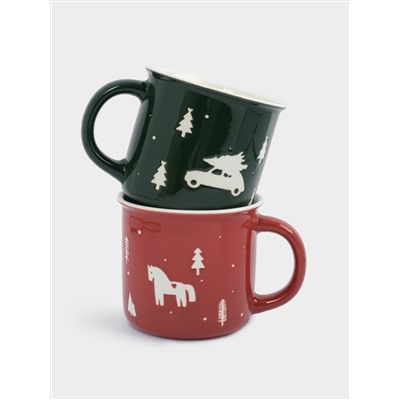 Кружка, 370 мл, 2 шт, фарфор N, зеленая/красная, Лошадь/Машина с елкой, Retro
