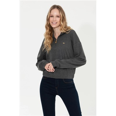 Kadın Antrasit  Melanj Dik Yaka Sweatshirt