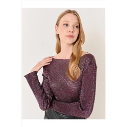 Jimmy Key Bordo Kayık Yaka Uzun Kollu Piliseli Parlak Bluz 23WB024009