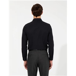 Siyah Slim Fit Armürlü Uzun Kollu Gömlek