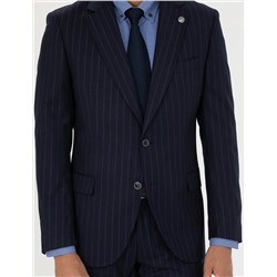 %100 Yün Lacivert Çizgili Ekstra Slim Fit Takım Elbise