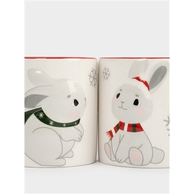 Кружка, детская, 360 мл, 2 шт, керамика, молочно-красная, Зайчики в шарфах, New year