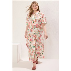Trendyol Curve Ekru Kısa Balon Kol Çiçekli Dokuma Midi Büyük Beden Elbise TBBSS25AH00160