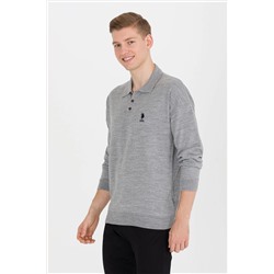 Erkek Gri Melanj Polo Yaka Triko Kazak