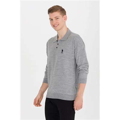 Erkek Gri Melanj Polo Yaka Triko Kazak