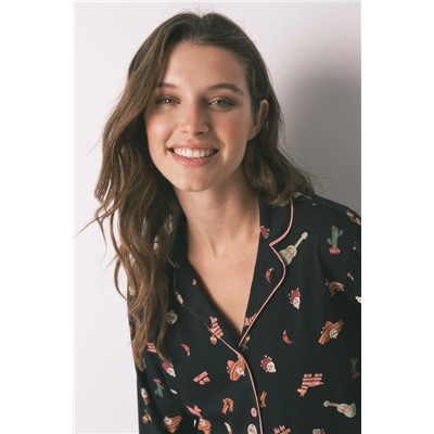 Pijama camisero algodón "Día de muertos" negro