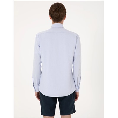 Açık Mavi Slim Fit Çizgili Uzun Kollu Gömlek