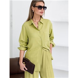 Свободная удлиненная блузка с карманом изо льна с вискозой